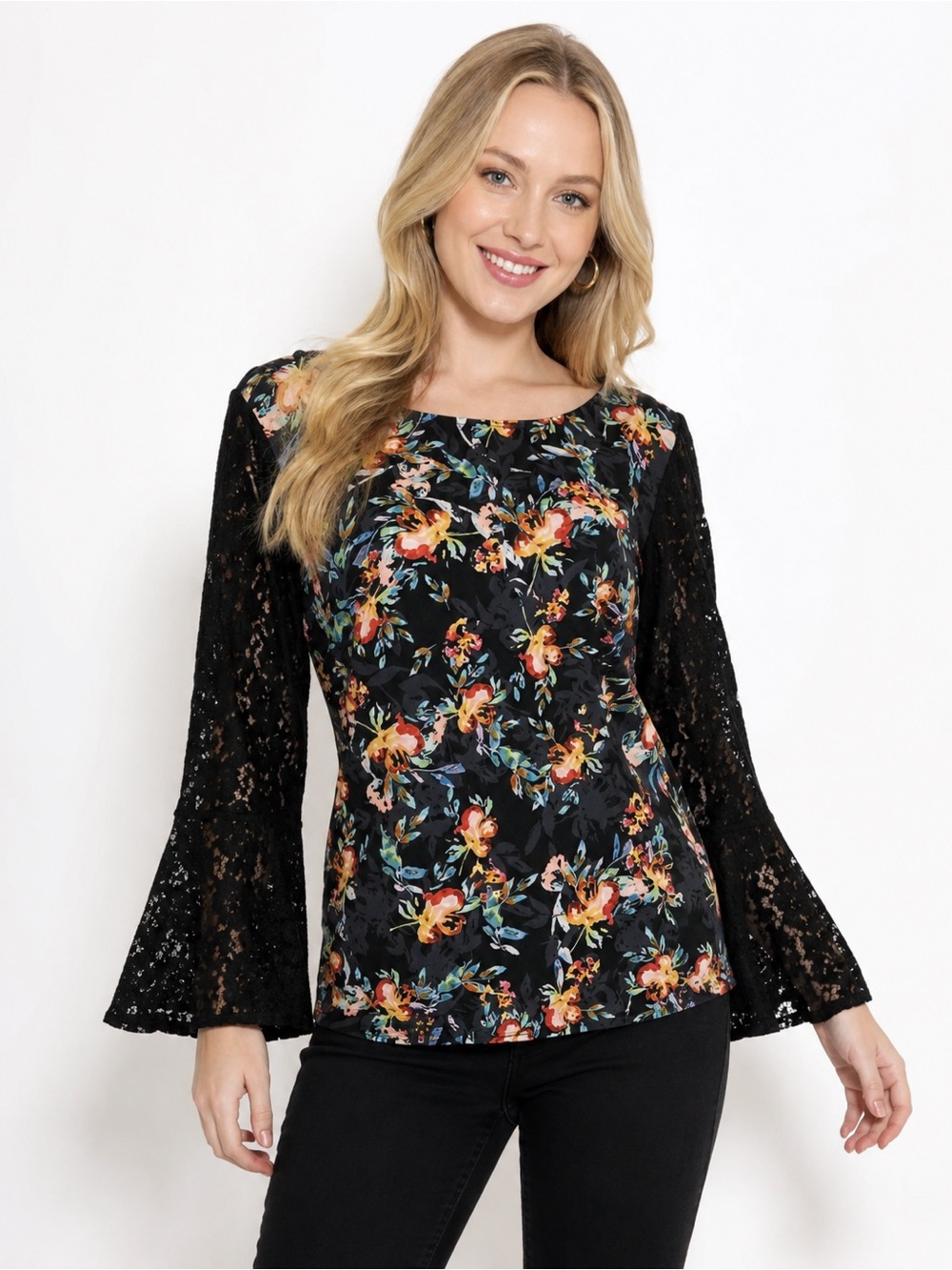 French Connection Black Floral Lace Bell-Sleeve Blouse
